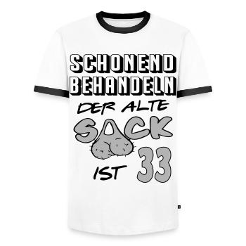 Geburtstag 33 Schonend behandeln Alter Sack ist - Männer Kontrast-T-Shirt - Weiß/Schwarz - Vorne - AI Model Female 172 light (172cm) & AI Model Male 178 dark (178cm)