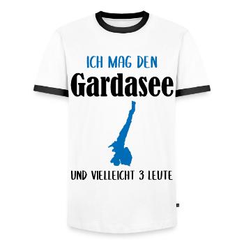 Gardasee und 3 Leute – Das wahre Glück - Männer Kontrast-T-Shirt - Weiß/Schwarz - Vorne - AI Model Female 172 light (172cm) & AI Model Male 178 dark (178cm)