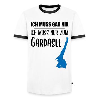 Gardasee-Pflicht – Der Rest ist Optional - Männer Kontrast-T-Shirt - Weiß/Schwarz - Vorne - AI Model Female 172 light (172cm) & AI Model Male 178 dark (178cm)