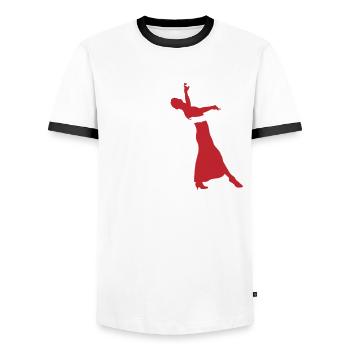 Eating, Sleeping, Dancing Repetition Mantra - Men's Ringer Shirt - white/black - Front - AI Model Female 172 light (172cm) & AI Model Male 178 dark (178cm)