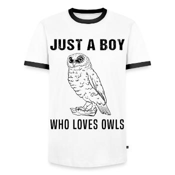 Junge liebt Eulen - Englischer Spruch Geschenk - Männer Kontrast-T-Shirt - Weiß/Schwarz - Vorne - AI Model Female 172 light (172cm) & AI Model Male 178 dark (178cm)