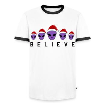 Believe in Purple Christmas Aliens Gift - Men's Ringer Shirt - white/black - Front - AI Model Female 172 light (172cm) & AI Model Male 178 dark (178cm)