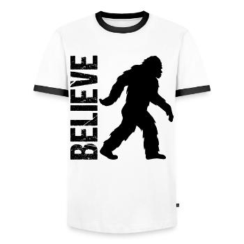 Believe Bigfoot Existence Mystery Gift - Men's Ringer Shirt - white/black - Front - AI Model Female 172 light (172cm) & AI Model Male 178 dark (178cm)