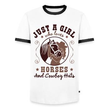 Étreinte aimante - Cheval et homme - T-shirt contrasté Homme - blanc/noir - Devant - AI Model Female 172 light (172cm) & AI Model Male 178 dark (178cm)