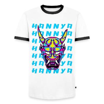Hannya Mask Neon Demon Japan Art - Men's Ringer Shirt - white/black - Front - AI Model Female 172 light (172cm) & AI Model Male 178 dark (178cm)