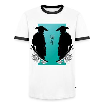 Samurai Duell Spiegelung Kampf Ästhetik - Männer Kontrast-T-Shirt - Weiß/Schwarz - Vorne - AI Model Female 172 light (172cm) & AI Model Male 178 dark (178cm)