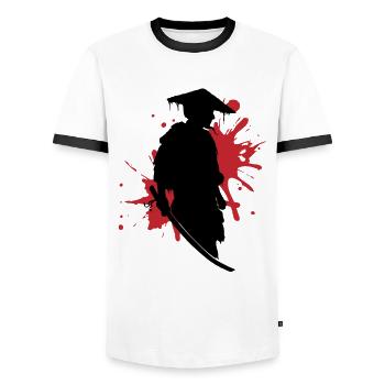 Samurai Fighting Spirit Ink Splash Art - Men's Ringer Shirt - white/black - Front - AI Model Female 172 light (172cm) & AI Model Male 178 dark (178cm)
