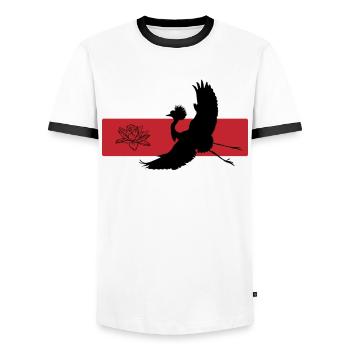 Kranich & Lotus Harmonie Symbolik - Männer Kontrast-T-Shirt - Weiß/Schwarz - Vorne - AI Model Female 172 light (172cm) & AI Model Male 178 dark (178cm)