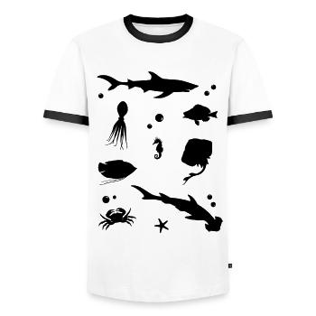 Ozeanisches Schattenspiel Elegante Tiefsee - Männer Kontrast-T-Shirt - Weiß/Schwarz - Vorne - AI Model Female 172 light (172cm) & AI Model Male 178 dark (178cm)