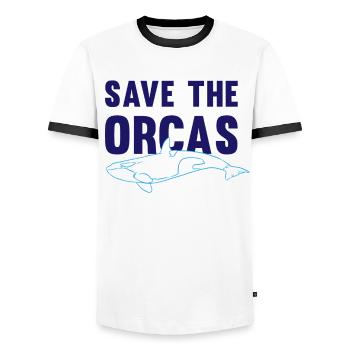 Protège le cadeau éco-responsable des orques - T-shirt contrasté Homme - blanc/noir - Devant - AI Model Female 172 light (172cm) & AI Model Male 178 dark (178cm)