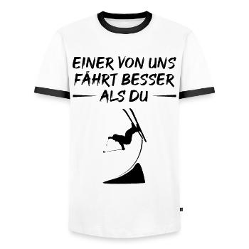 Elite on skis: Freestyle masterpiece - Men's Ringer Shirt - white/black - Front - AI Model Female 172 light (172cm) & AI Model Male 178 dark (178cm)