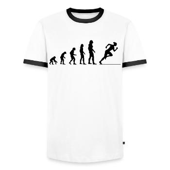 Evolution Run – Faster than Yesterday - Men's Ringer Shirt - white/black - Front - AI Model Female 172 light (172cm) & AI Model Male 178 dark (178cm)