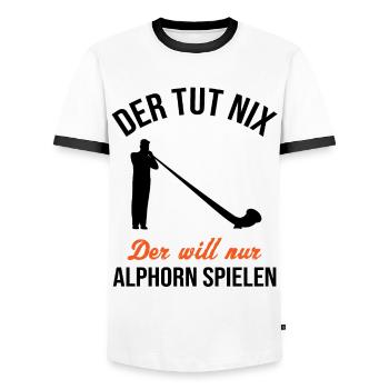 Alphorn Gift - Just Playing, No Doing - Men's Ringer Shirt - white/black - Front - AI Model Female 172 light (172cm) & AI Model Male 178 dark (178cm)