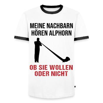 Geschenk für Nachbarn - Alphornklänge - Männer Kontrast-T-Shirt - Weiß/Schwarz - Vorne - AI Model Female 172 light (172cm) & AI Model Male 178 dark (178cm)