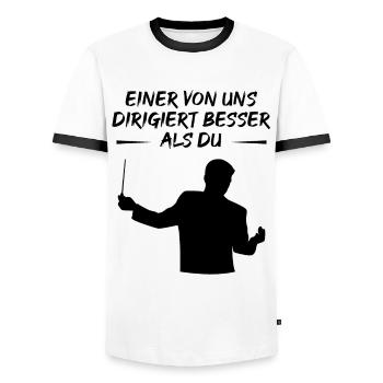One of Us Conducts Better Than You - Gift - Men's Ringer Shirt - white/black - Front - AI Model Female 172 light (172cm) & AI Model Male 178 dark (178cm)
