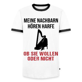 Harp sound neighbors must listen - Men's Ringer Shirt - white/black - Front - AI Model Female 172 light (172cm) & AI Model Male 178 dark (178cm)