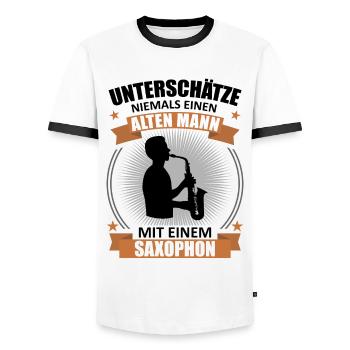 Alto, Wise, Saxophone – Inégalé - T-shirt contrasté Homme - blanc/noir - Devant - AI Model Female 172 light (172cm) & AI Model Male 178 dark (178cm)