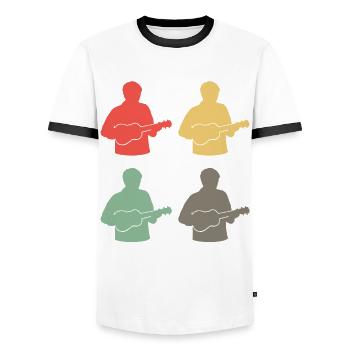 Ukulele Play of Colors Musician's Happiness Gift - Men's Ringer Shirt - white/black - Front - AI Model Female 172 light (172cm) & AI Model Male 178 dark (178cm)