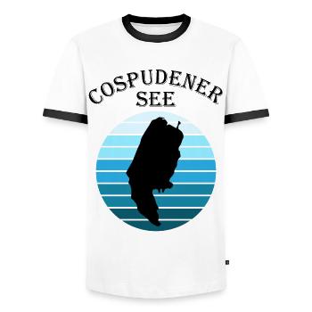 Lake Cospuden of Tranquillity Blue Shine - Men's Ringer Shirt - white/black - Front - AI Model Female 172 light (172cm) & AI Model Male 178 dark (178cm)