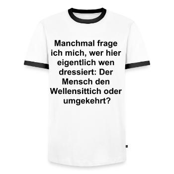 Budgie Masterpiece - Men's Ringer Shirt - white/black - Front - AI Model Female 172 light (172cm) & AI Model Male 178 dark (178cm)