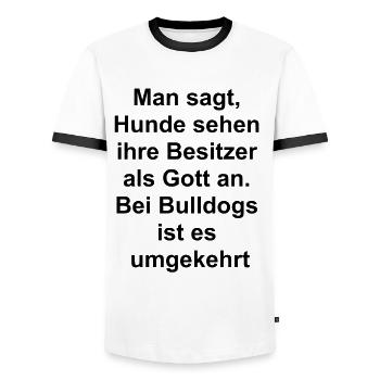 My Human, My God - Bulldog Edition - Men's Ringer Shirt - white/black - Front - AI Model Female 172 light (172cm) & AI Model Male 178 dark (178cm)