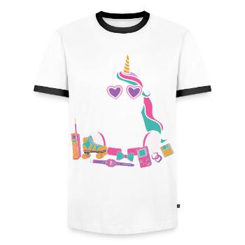 90s 80s party outfit costume unicorn - Men's Ringer Shirt - white/black - Front - AI Model Female 172 light (172cm) & AI Model Male 178 dark (178cm)