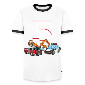 5th Birthday 5 Year Fire Brigade Police Excavator - Men's Ringer Shirt - white/black - Front - AI Model Female 172 light (172cm) & AI Model Male 178 dark (178cm)