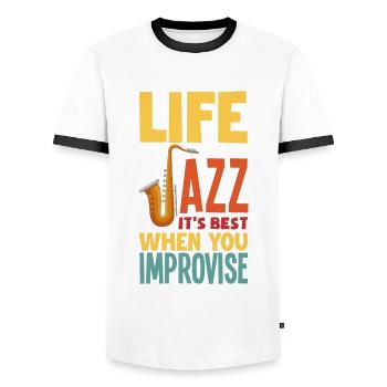 Saxophone Jazz - T-shirt contrasté Homme - blanc/noir - Devant - AI Model Female 172 light (172cm) & AI Model Male 178 dark (178cm)