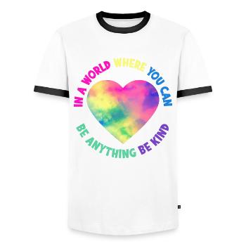 Friendliness Inclusion Diversity Anti Bullying - Men's Ringer Shirt - white/black - Front - AI Model Female 172 light (172cm) & AI Model Male 178 dark (178cm)