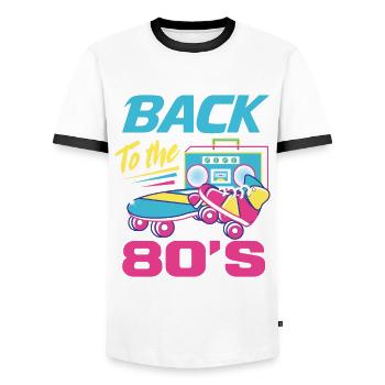 Tenue de fête des années 80 Costume de fête des années 80 - T-shirt contrasté Homme - blanc/noir - Devant - AI Model Female 172 light (172cm) & AI Model Male 178 dark (178cm)