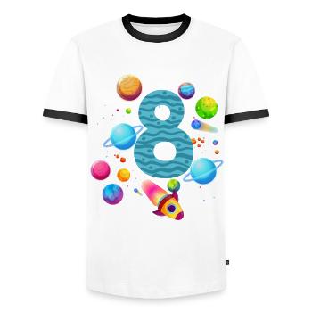 8th Birthday Boys 8 Years Planet Birthday - Men's Ringer Shirt - white/black - Front - AI Model Female 172 light (172cm) & AI Model Male 178 dark (178cm)