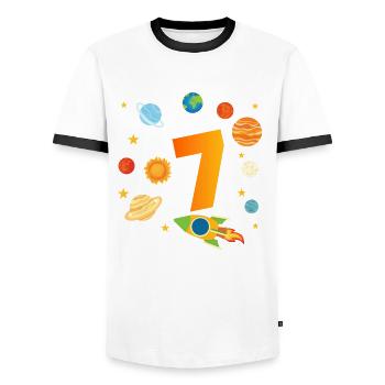 7th Birthday Boys 7 Years Planet Birthday - Men's Ringer Shirt - white/black - Front - AI Model Female 172 light (172cm) & AI Model Male 178 dark (178cm)