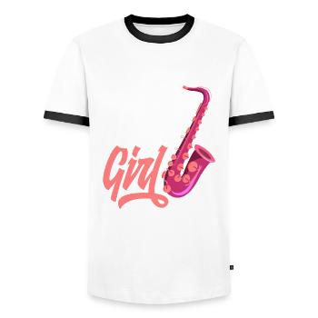 Saxophon Mädchen Jazz Saxophone Girl - Men's Ringer Shirt - white/black - Front - AI Model Female 172 light (172cm) & AI Model Male 178 dark (178cm)
