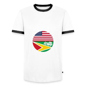 Made in America with parts from Guyana - Men's Ringer Shirt - white/black - Front - AI Model Female 172 light (172cm) & AI Model Male 178 dark (178cm)