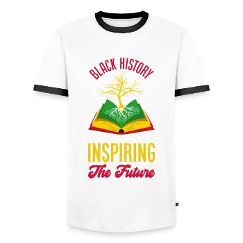 Melanin African American African American Woman - Men's Ringer Shirt - white/black - Front - AI Model Female 172 light (172cm) & AI Model Male 178 dark (178cm)