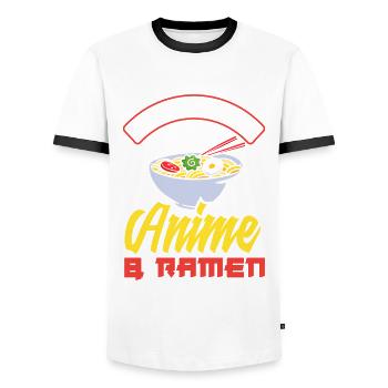 Powered By Anime & Ramen Lustiges Ramen Anime - Männer Kontrast-T-Shirt - Weiß/Schwarz - Vorne - AI Model Female 172 light (172cm) & AI Model Male 178 dark (178cm)