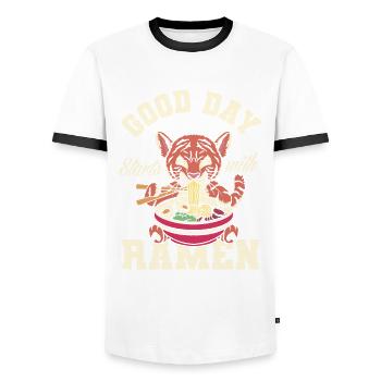 Une bonne journée commence avec un cadeau ramen - T-shirt contrasté Homme - blanc/noir - Devant - AI Model Female 172 light (172cm) & AI Model Male 178 dark (178cm)