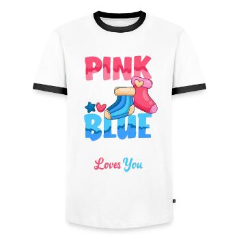 Le genre rose ou bleu révèle baby party brother - T-shirt contrasté Homme - blanc/noir - Devant - AI Model Female 172 light (172cm) & AI Model Male 178 dark (178cm)