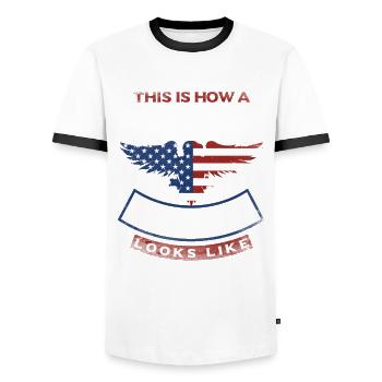 America USA American American - Men's Ringer Shirt - white/black - Front - AI Model Female 172 light (172cm) & AI Model Male 178 dark (178cm)