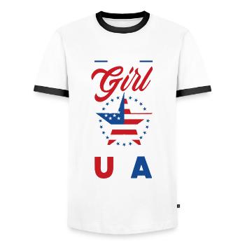 America USA American American - Men's Ringer Shirt - white/black - Front - AI Model Female 172 light (172cm) & AI Model Male 178 dark (178cm)