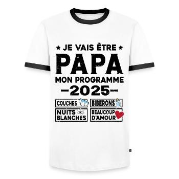 Je vais être papa mon programme en 2025 - T-shirt contrasté Homme - blanc/noir - Devant - AI Model Female 172 light (172cm) & AI Model Male 178 dark (178cm)
