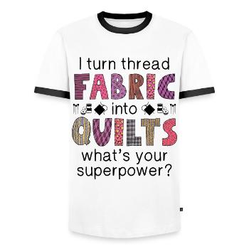 I Turn Thread Fabric Into Quilts - Men's Ringer Shirt - white/black - Front - AI Model Female 172 light (172cm) & AI Model Male 178 dark (178cm)