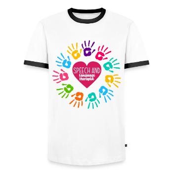 Speech therapist, speech therapist, speech therapist - Men's Ringer Shirt - white/black - Front - AI Model Female 172 light (172cm) & AI Model Male 178 dark (178cm)