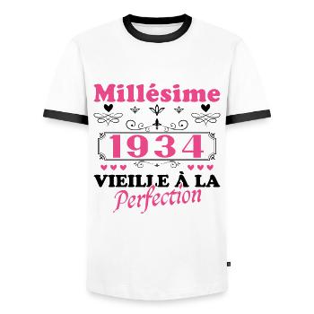 Woman Vintage 1934 Birthday Gift Humor - Men's Ringer Shirt - white/black - Front - AI Model Female 172 light (172cm) & AI Model Male 178 dark (178cm)
