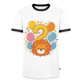 2ème anniversaire Leo Fête d’anniversaire des enfants - T-shirt contrasté Homme - blanc/noir - Devant - AI Model Female 172 light (172cm) & AI Model Male 178 dark (178cm)