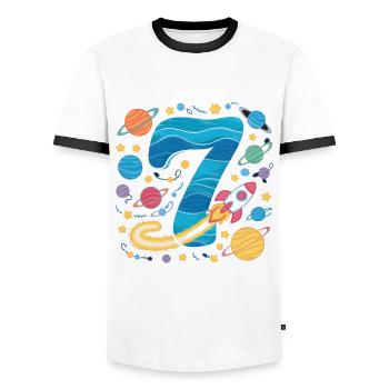 7th Birthday Boys 7 Years Planet Birthday - Men's Ringer Shirt - white/black - Front - AI Model Female 172 light (172cm) & AI Model Male 178 dark (178cm)