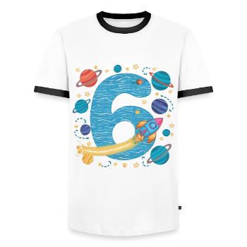 6th Birthday Boys 6 Years Planet Birthday - Men's Ringer Shirt - white/black - Front - AI Model Female 172 light (172cm) & AI Model Male 178 dark (178cm)