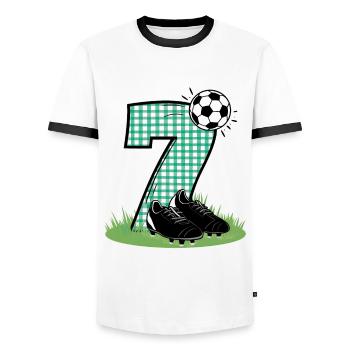 7th Birthday 7 Years Soccer Soccer Player - Men's Ringer Shirt - white/black - Front - AI Model Female 172 light (172cm) & AI Model Male 178 dark (178cm)