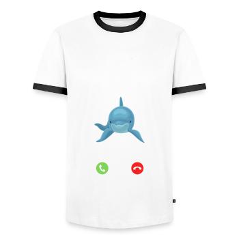 Dolphin Calling Funny Animal Motif - Men's Ringer Shirt - white/black - Front - AI Model Female 172 light (172cm) & AI Model Male 178 dark (178cm)