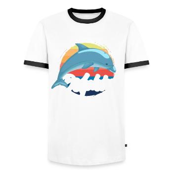 Nostalgic Dolphin Sunset Design - Men's Ringer Shirt - white/black - Front - AI Model Female 172 light (172cm) & AI Model Male 178 dark (178cm)
